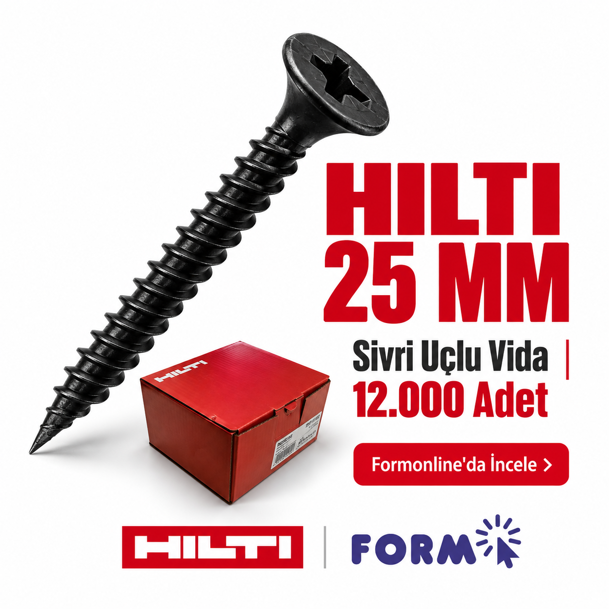 Hilti 25 mm Sivri Uçlu Vida - 12.000 Adet I KAMPANYA - KARGO DAHİL